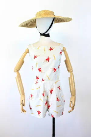 1950s MARIONETTE novelty print fabric romper xs | new spring