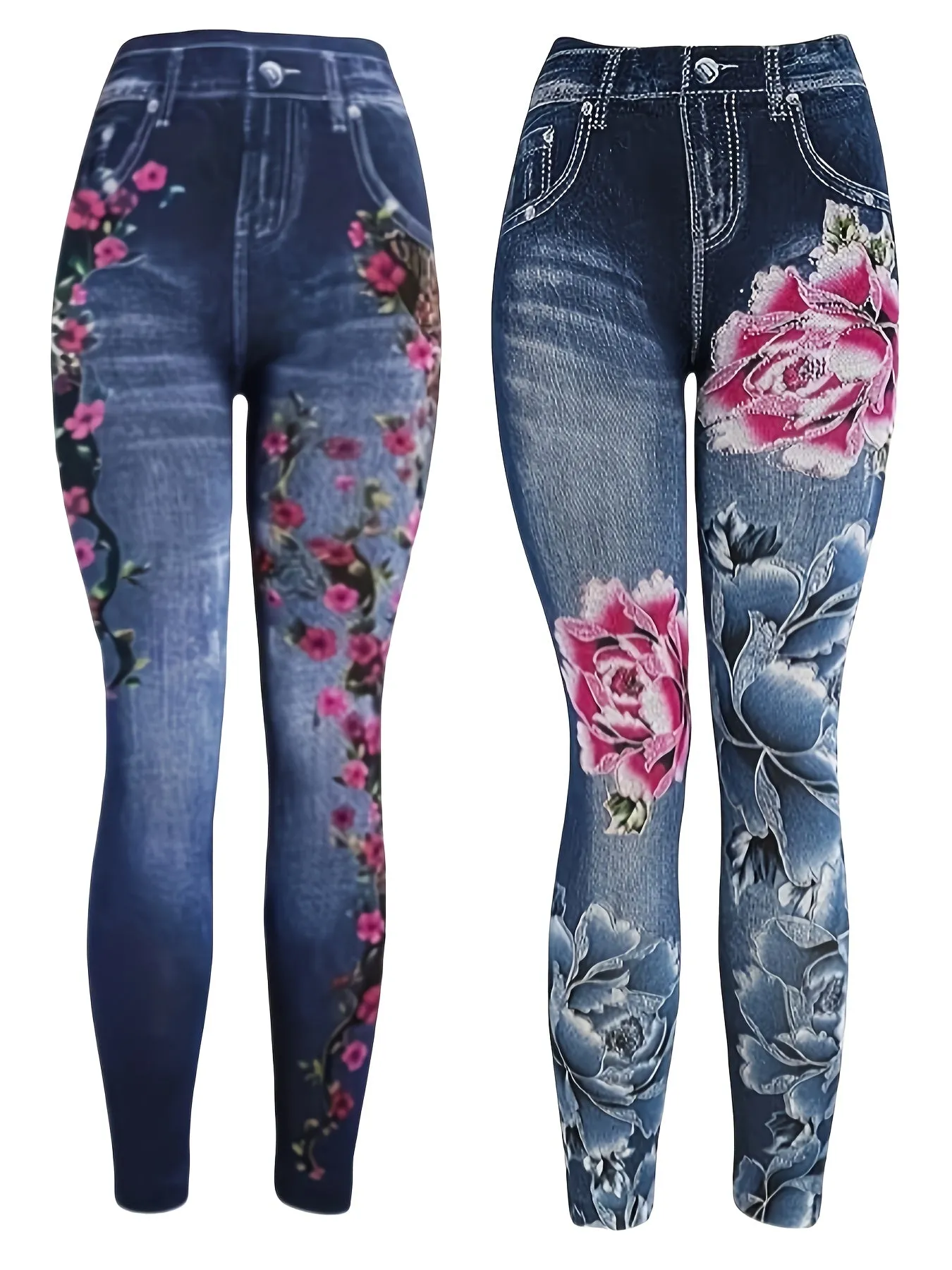 2-Pack Floral Print High-Waist Jegging Leggings – Stretchy Faux Denim Look