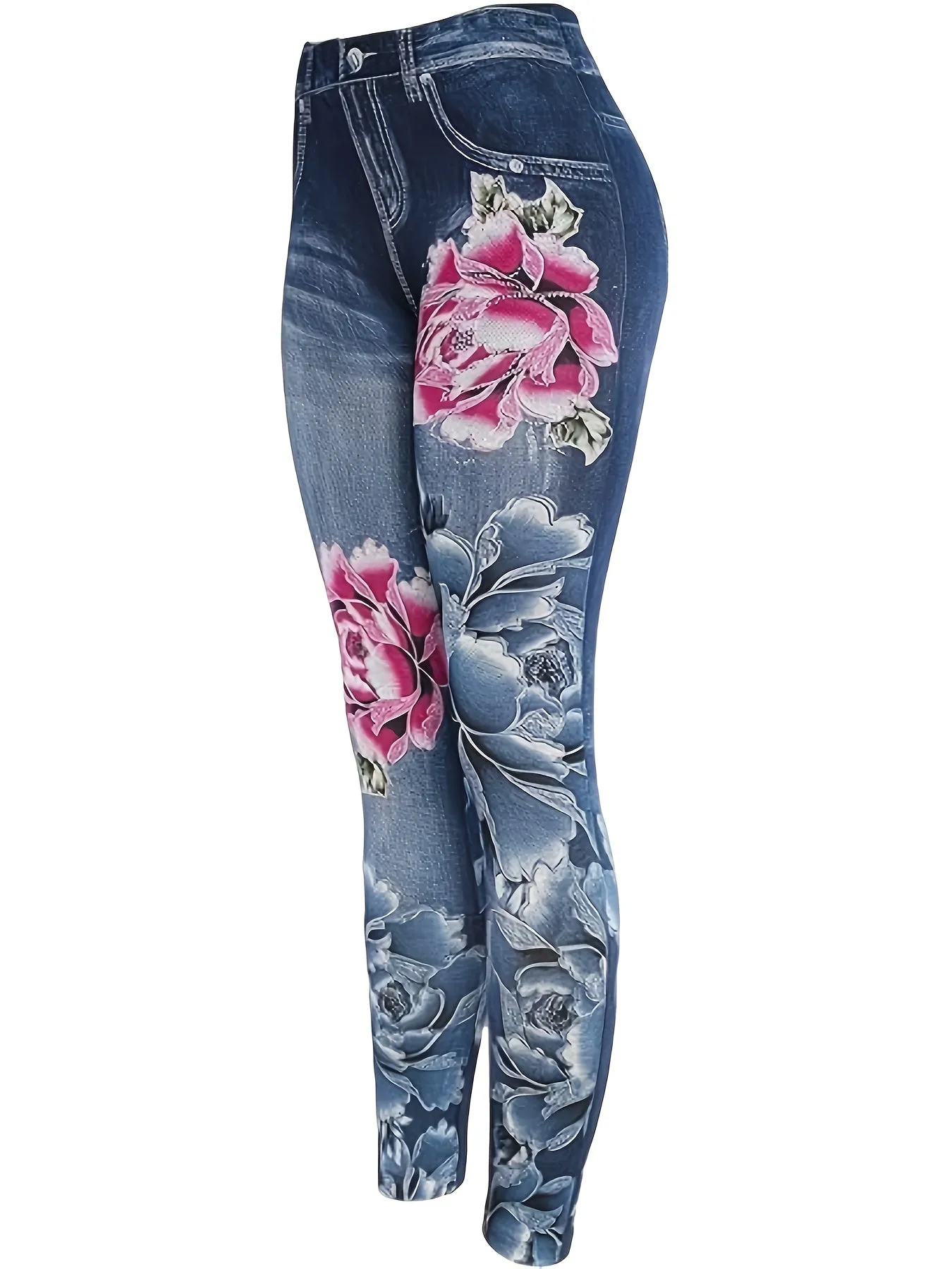 2-Pack Floral Print High-Waist Jegging Leggings – Stretchy Faux Denim Look