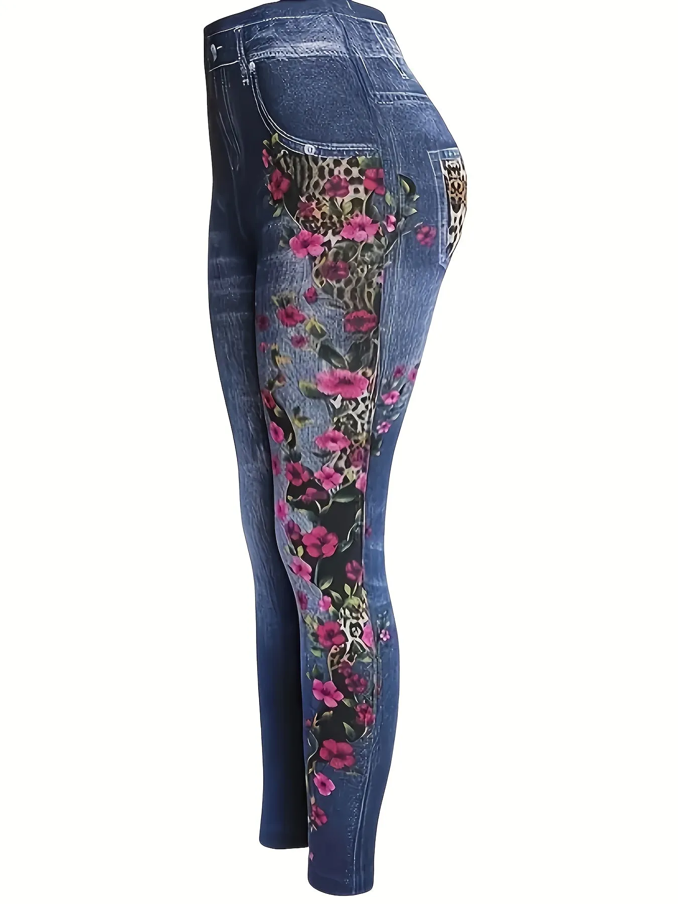 2-Pack Floral Print High-Waist Jegging Leggings – Stretchy Faux Denim Look
