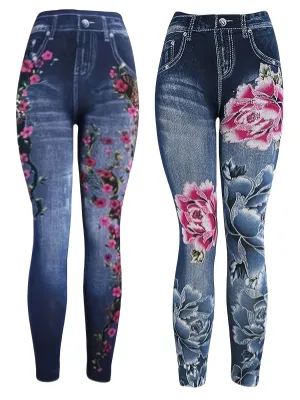 2-Pack Floral Print High-Waist Jegging Leggings – Stretchy Faux Denim Look