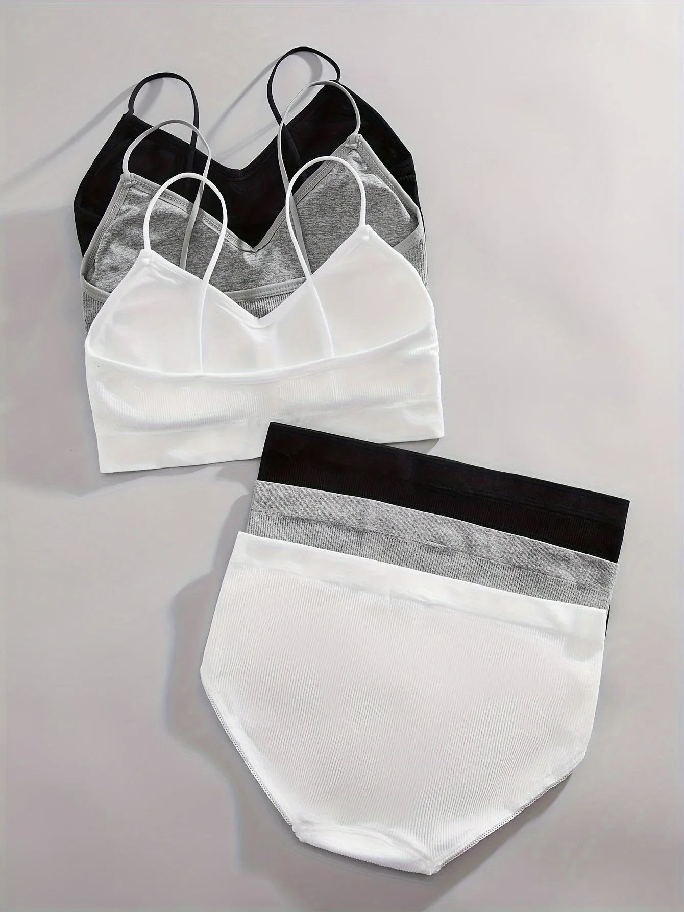 3 Sets Women's Solid Ribbed Push Up Bra & Elastic Panties Lingerie Underwear Set