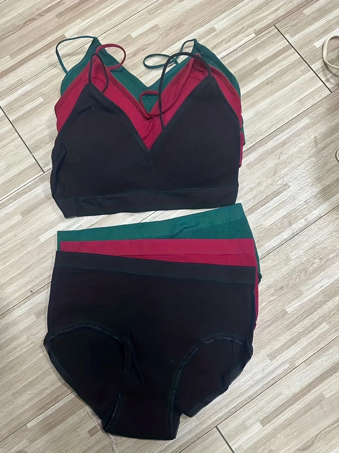 3 Sets Women's Solid Ribbed Push Up Bra & Elastic Panties Lingerie Underwear Set