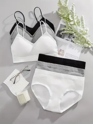 3 Sets Women's Solid Ribbed Push Up Bra & Elastic Panties Lingerie Underwear Set