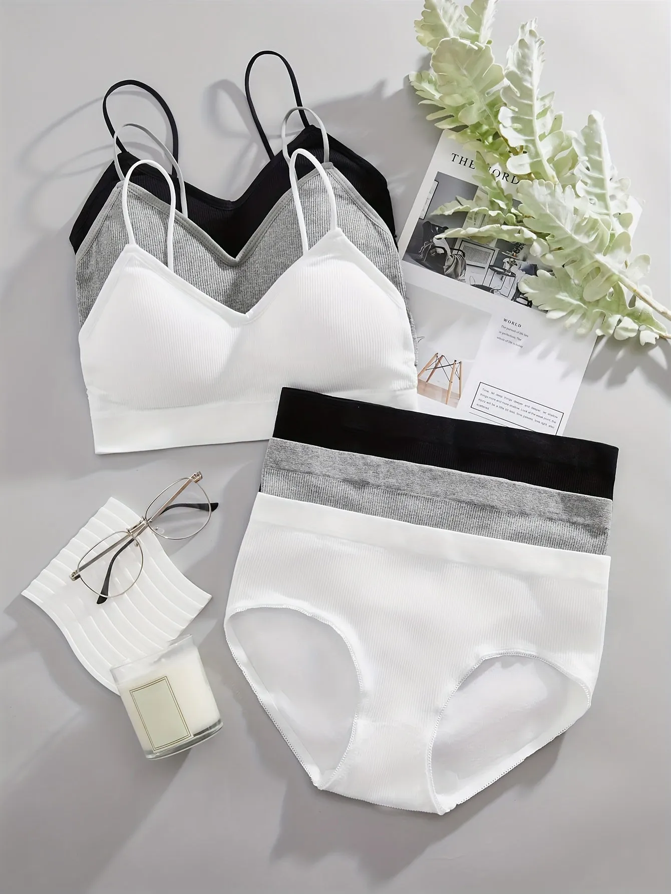 3 Sets Women's Solid Ribbed Push Up Bra & Elastic Panties Lingerie Underwear Set