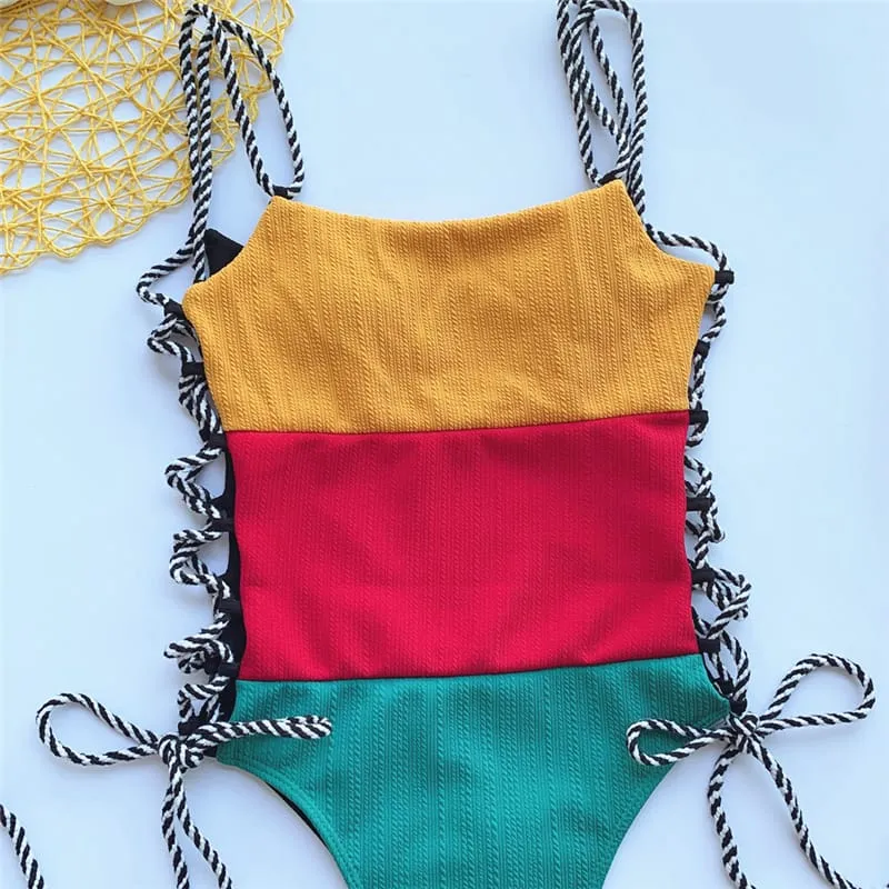 30 Pair's) Contrast Color Patchwork Swimsuit