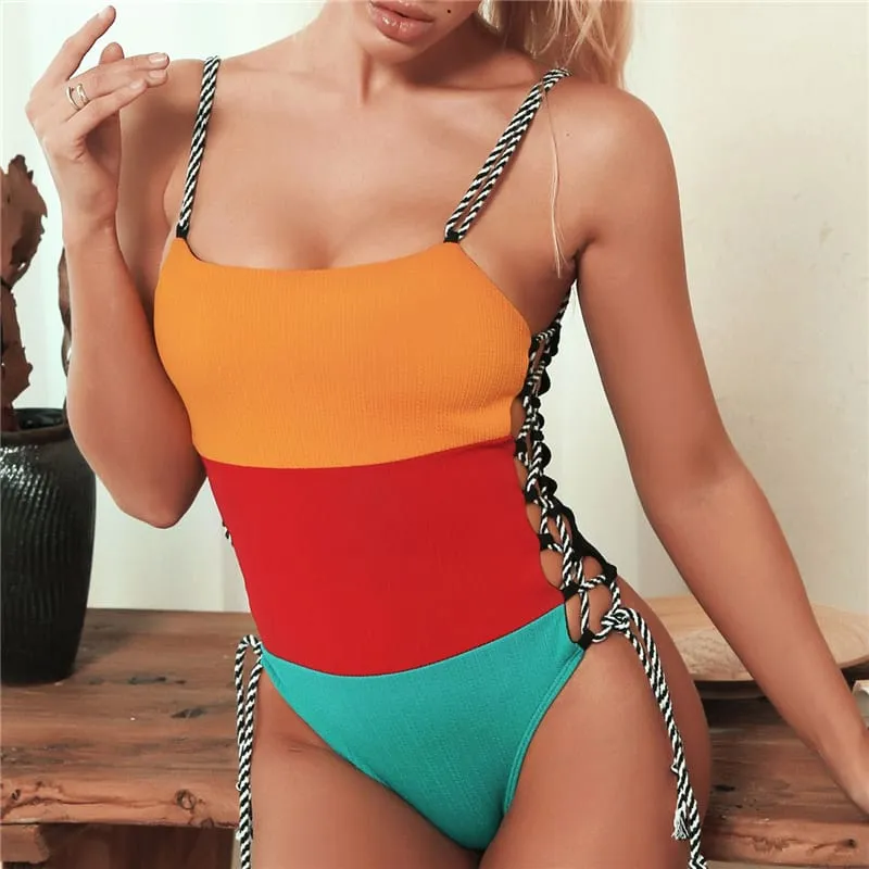 30 Pair's) Contrast Color Patchwork Swimsuit