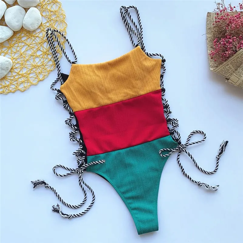 30 Pair's) Contrast Color Patchwork Swimsuit
