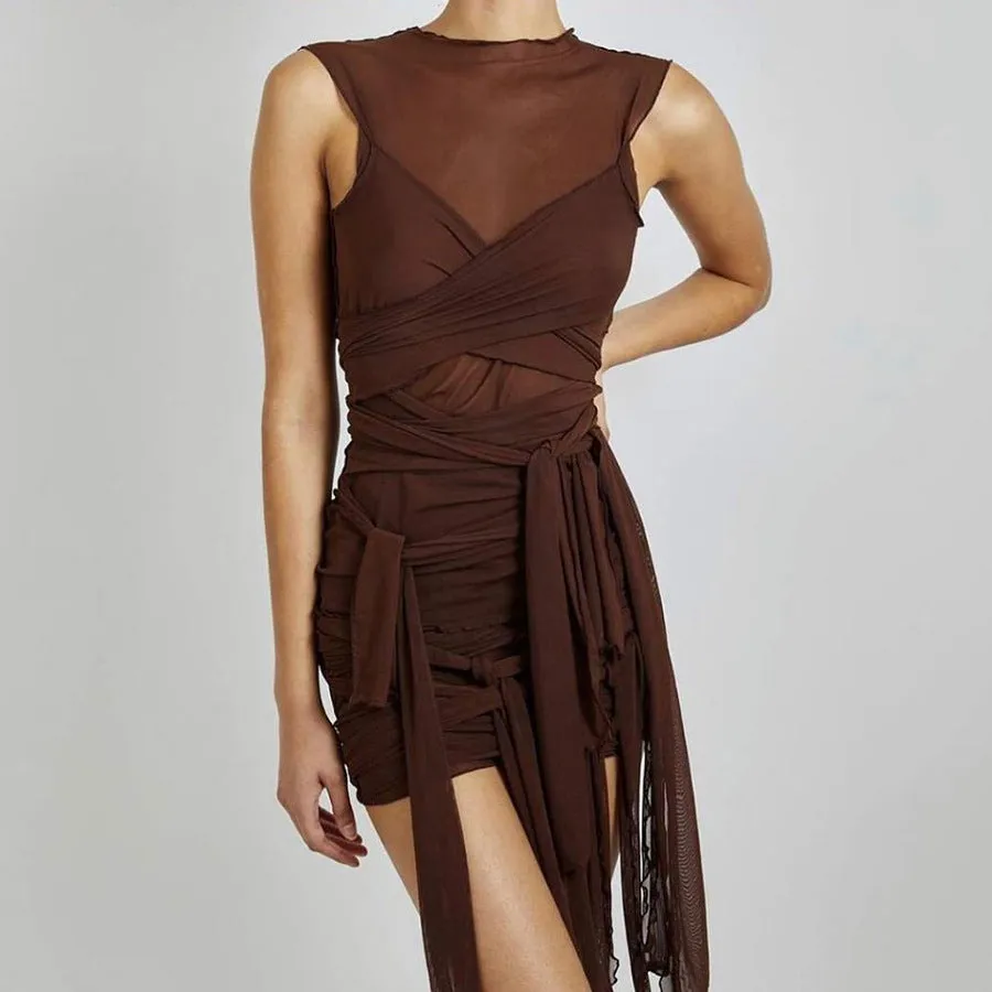 30 Pieces) Color See-through Mesh Irregular Tassel Dress
