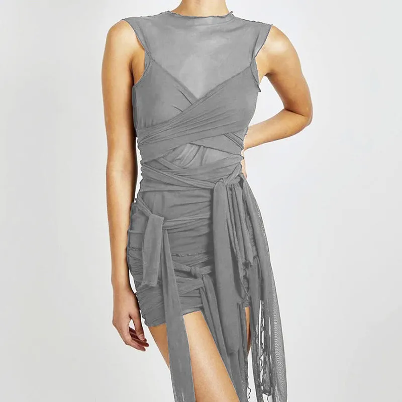 30 Pieces) Color See-through Mesh Irregular Tassel Dress