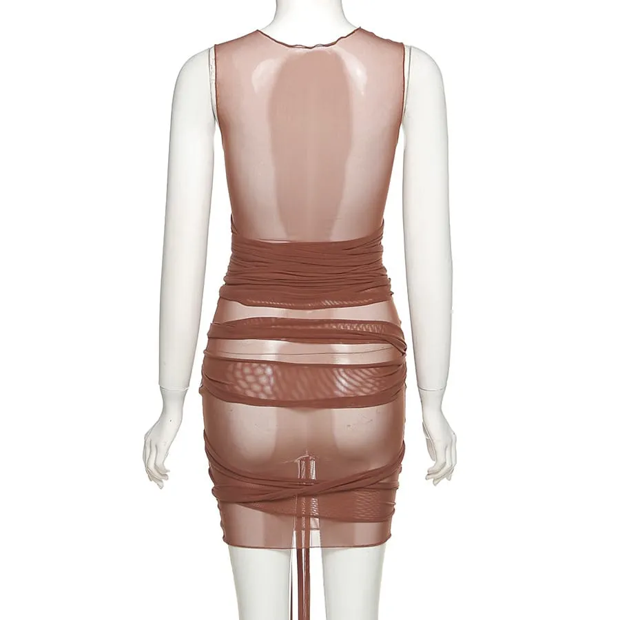 30 Pieces) Color See-through Mesh Irregular Tassel Dress