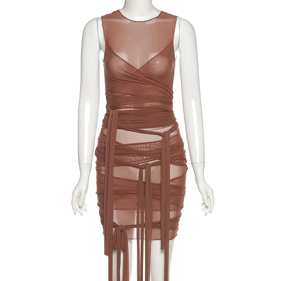 30 Pieces) Color See-through Mesh Irregular Tassel Dress