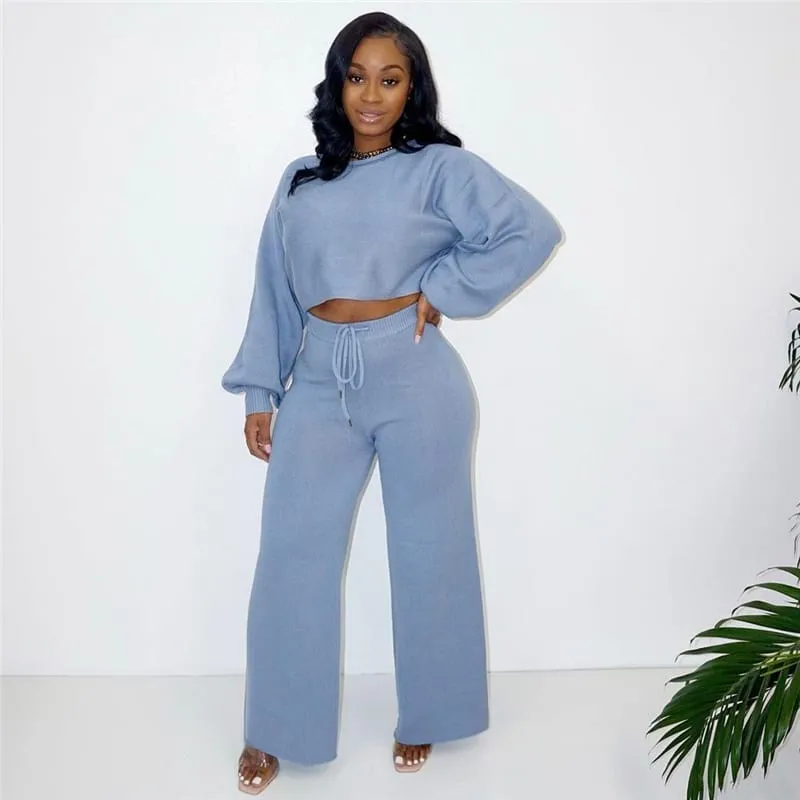 30 Pieces) Knit Solid Color Top And Pants Two Pieces Set