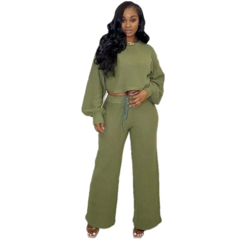 30 Pieces) Knit Solid Color Top And Pants Two Pieces Set