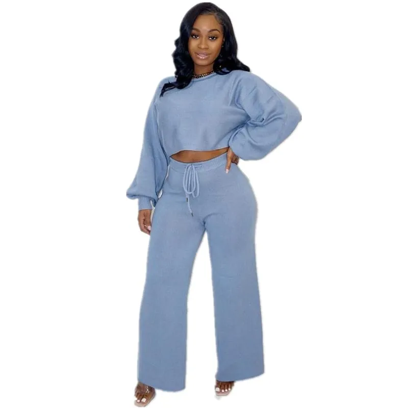 30 Pieces) Knit Solid Color Top And Pants Two Pieces Set