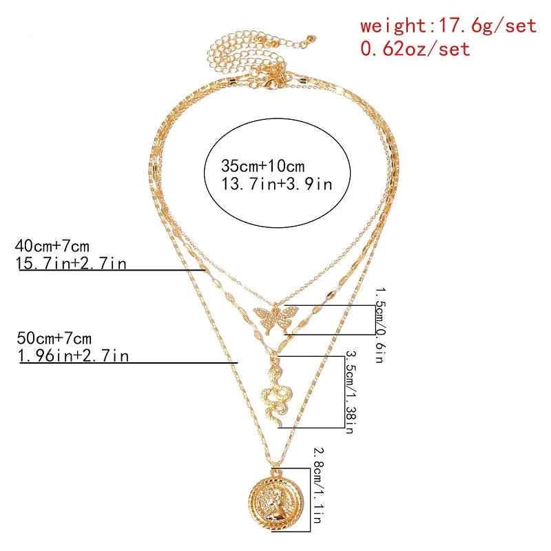 30 Pieces) Unique Butterfly Snake Portrait Pendant Multilayer Necklace