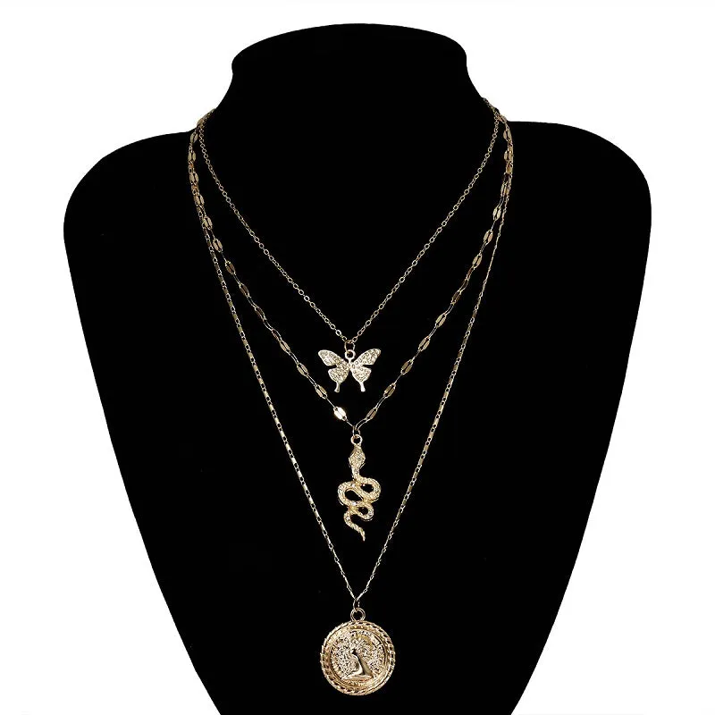 30 Pieces) Unique Butterfly Snake Portrait Pendant Multilayer Necklace