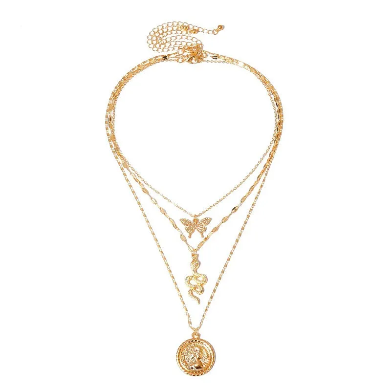 30 Pieces) Unique Butterfly Snake Portrait Pendant Multilayer Necklace