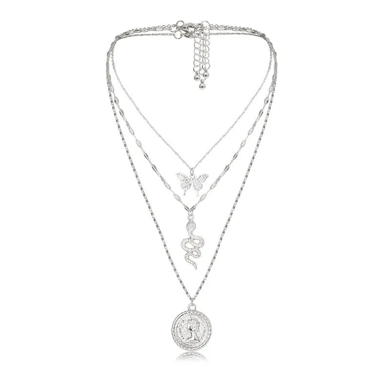 30 Pieces) Unique Butterfly Snake Portrait Pendant Multilayer Necklace