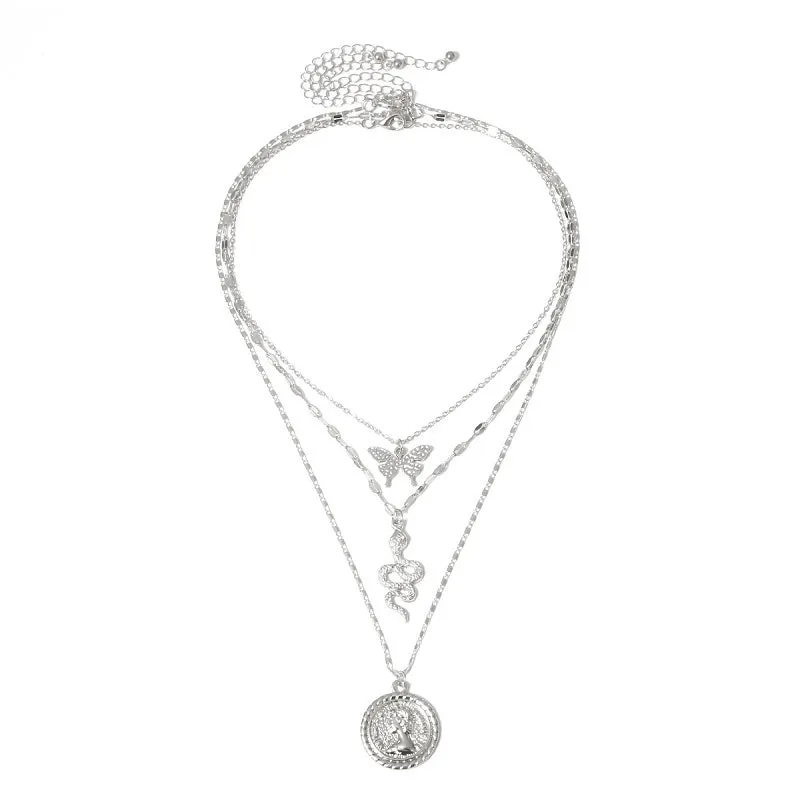 30 Pieces) Unique Butterfly Snake Portrait Pendant Multilayer Necklace