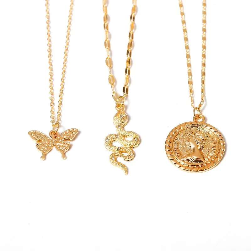 30 Pieces) Unique Butterfly Snake Portrait Pendant Multilayer Necklace