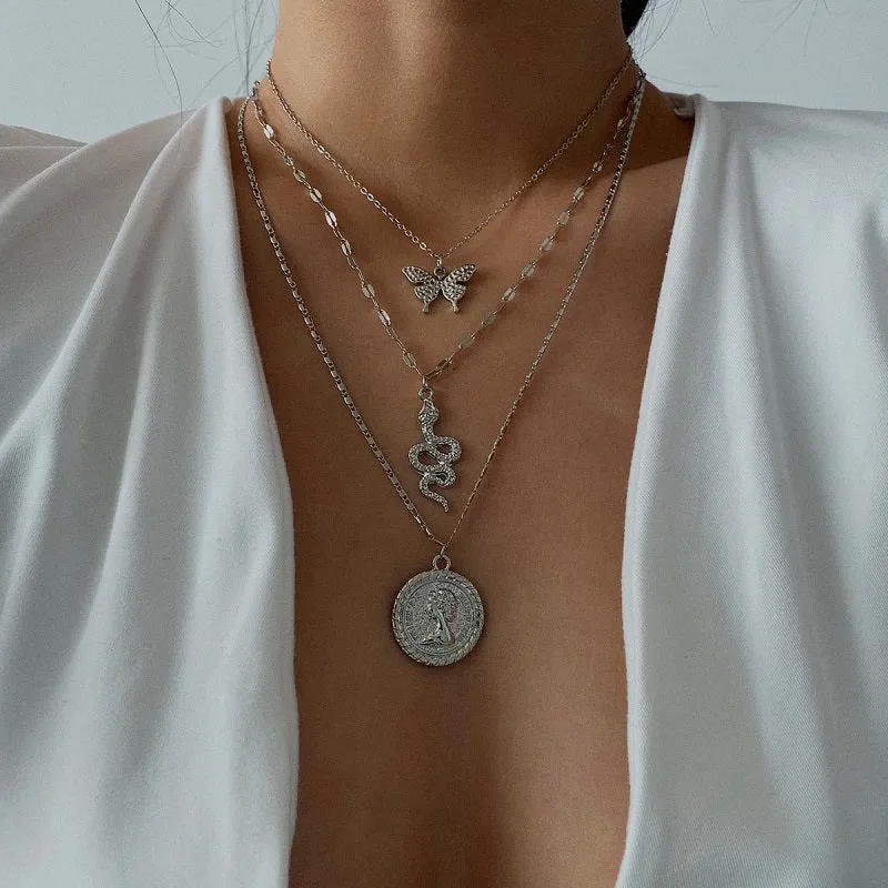 30 Pieces) Unique Butterfly Snake Portrait Pendant Multilayer Necklace