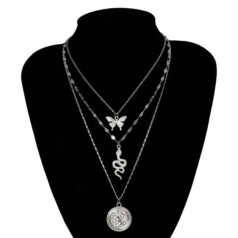 30 Pieces) Unique Butterfly Snake Portrait Pendant Multilayer Necklace