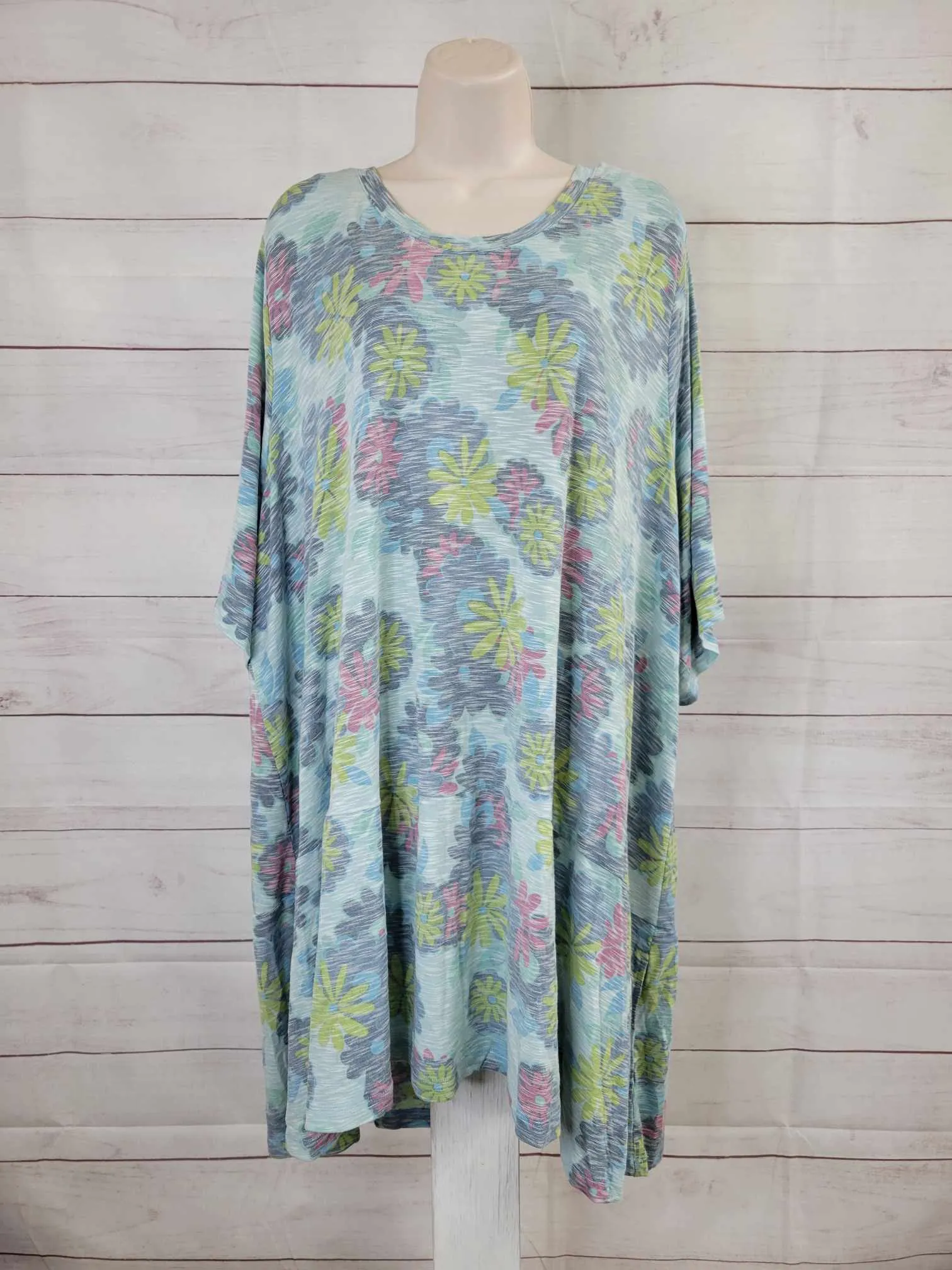 5X BLUE A499606 LOGO by Lori Goldstein Printed Slub Knit Peplum Top