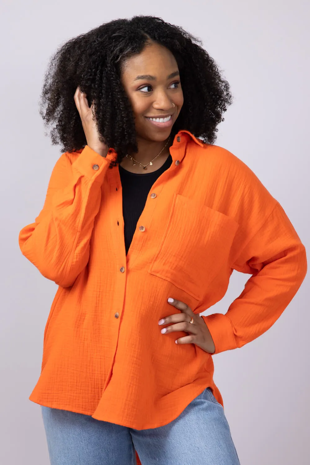 ACOA Oversized Gauze Boyfriend Shirt for Women in Orange | ACT10403-BRIGHTRED