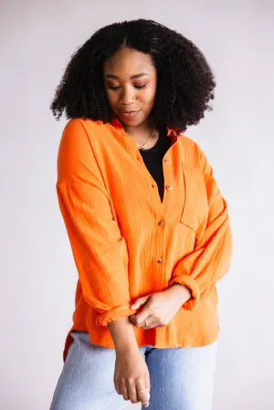 ACOA Oversized Gauze Boyfriend Shirt for Women in Orange | ACT10403-BRIGHTRED