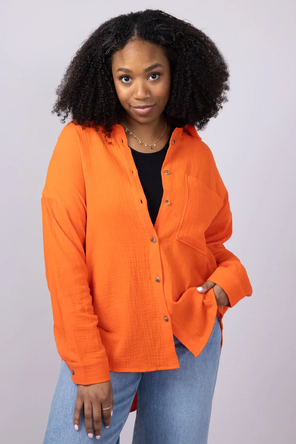 ACOA Oversized Gauze Boyfriend Shirt for Women in Orange | ACT10403-BRIGHTRED