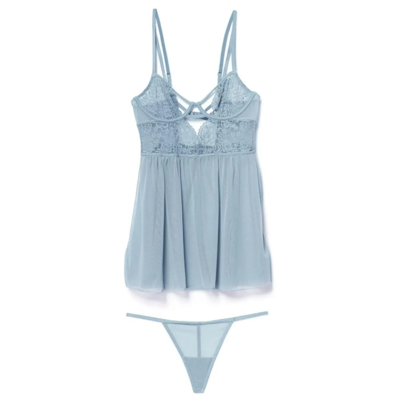 Adore Me Rae Babydoll Dress & G-String Thong - XS-4X Regular & Plus-Size Lace Lingerie Set, Underwire Plunge Bra & Thong, Medium Blue, M