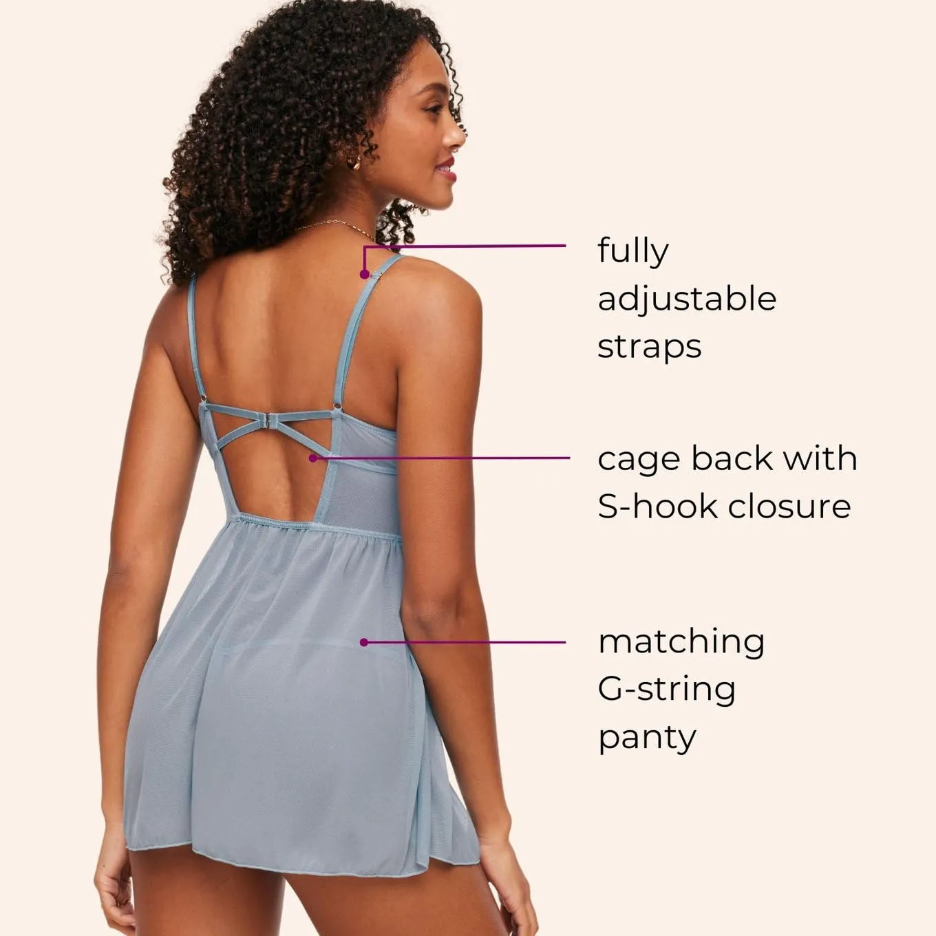 Adore Me Rae Babydoll Dress & G-String Thong - XS-4X Regular & Plus-Size Lace Lingerie Set, Underwire Plunge Bra & Thong, Medium Blue, M