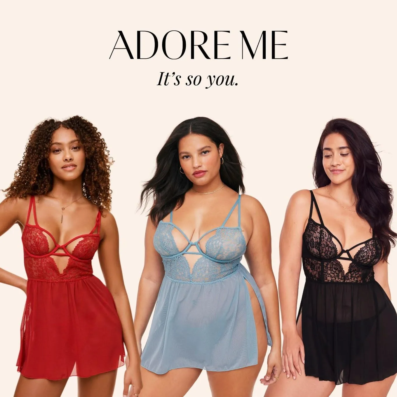 Adore Me Rae Babydoll Dress & G-String Thong - XS-4X Regular & Plus-Size Lace Lingerie Set, Underwire Plunge Bra & Thong, Medium Blue, M