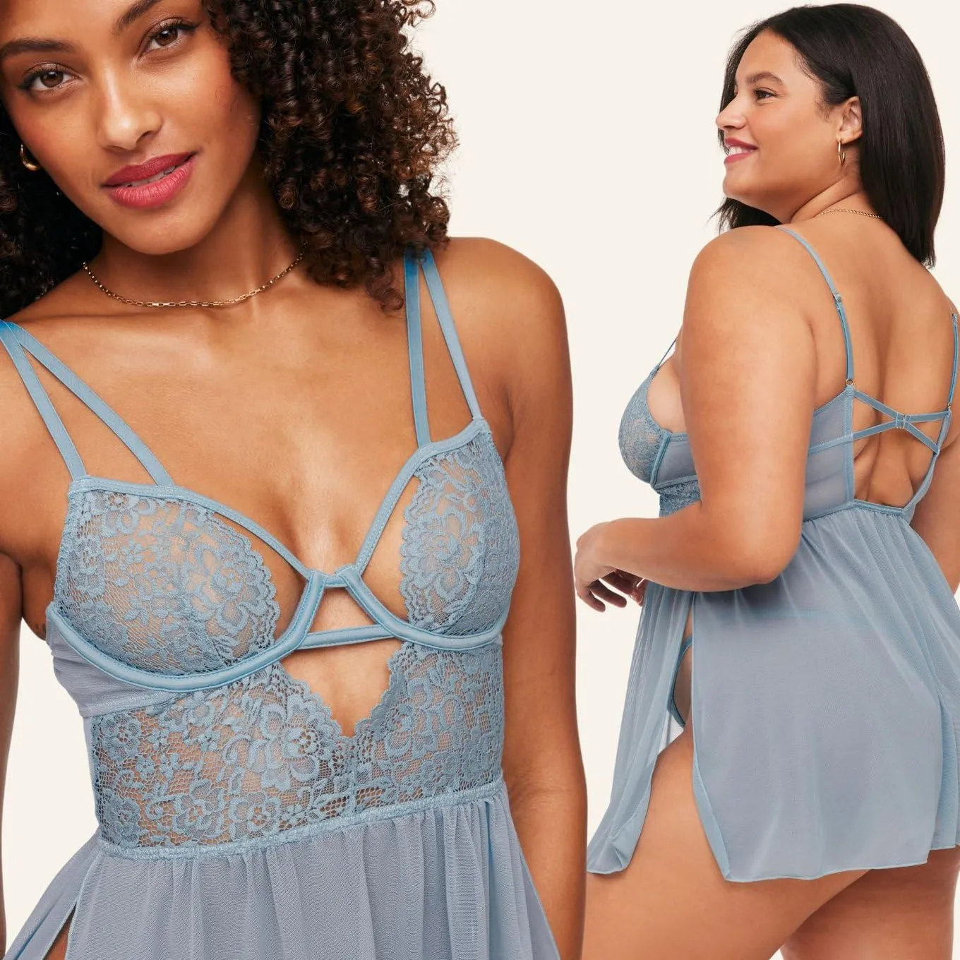 Adore Me Rae Babydoll Dress & G-String Thong - XS-4X Regular & Plus-Size Lace Lingerie Set, Underwire Plunge Bra & Thong, Medium Blue, M
