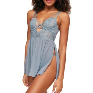 Adore Me Rae Babydoll Dress & G-String Thong - XS-4X Regular & Plus-Size Lace Lingerie Set, Underwire Plunge Bra & Thong, Medium Blue, M