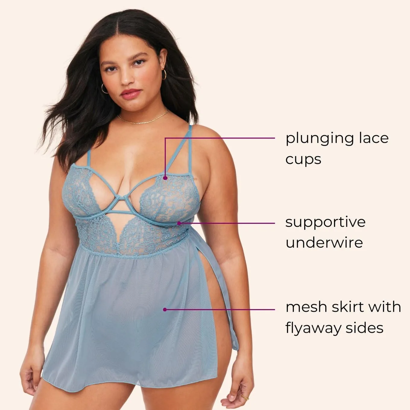 Adore Me Rae Babydoll Dress & G-String Thong - XS-4X Regular & Plus-Size Lace Lingerie Set, Underwire Plunge Bra & Thong, Medium Blue, M