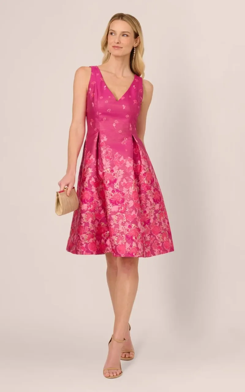 Adrianna Papell- V-Neck Floral Hem Jacquard Midi Dress