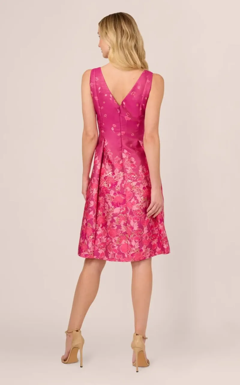 Adrianna Papell- V-Neck Floral Hem Jacquard Midi Dress