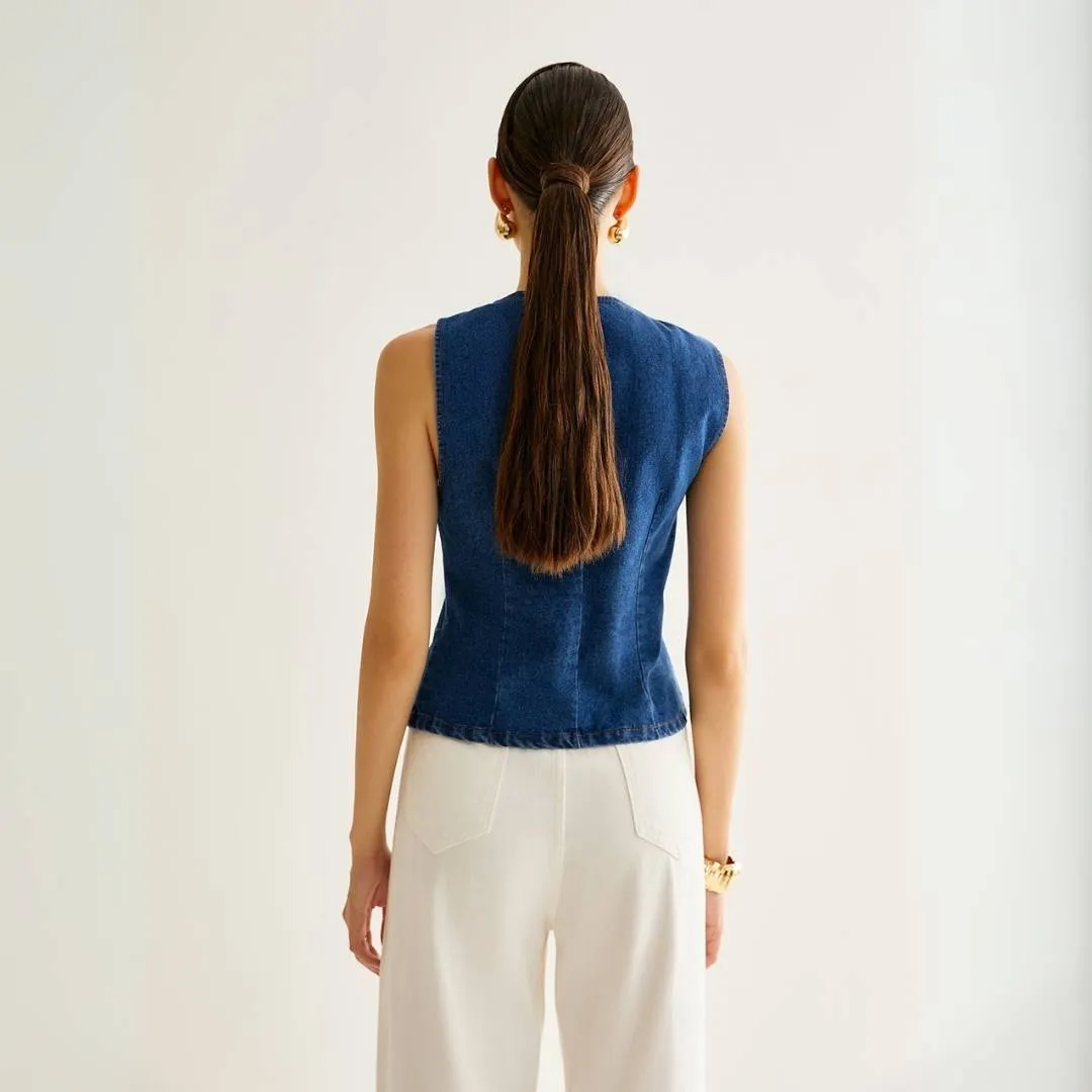 Agnes™ | Asymmetrical Button Denim Vest
