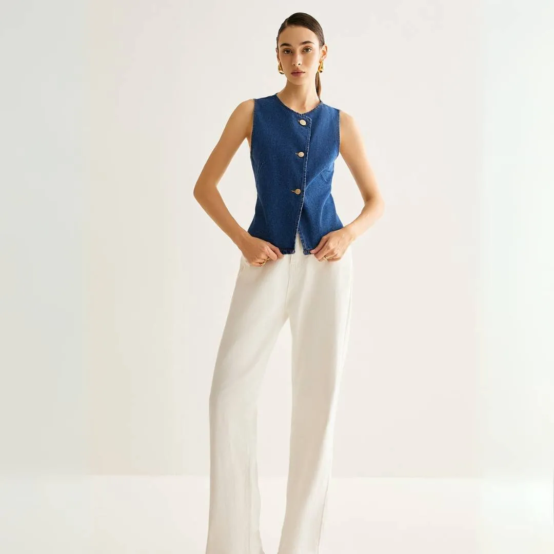 Agnes™ | Asymmetrical Button Denim Vest