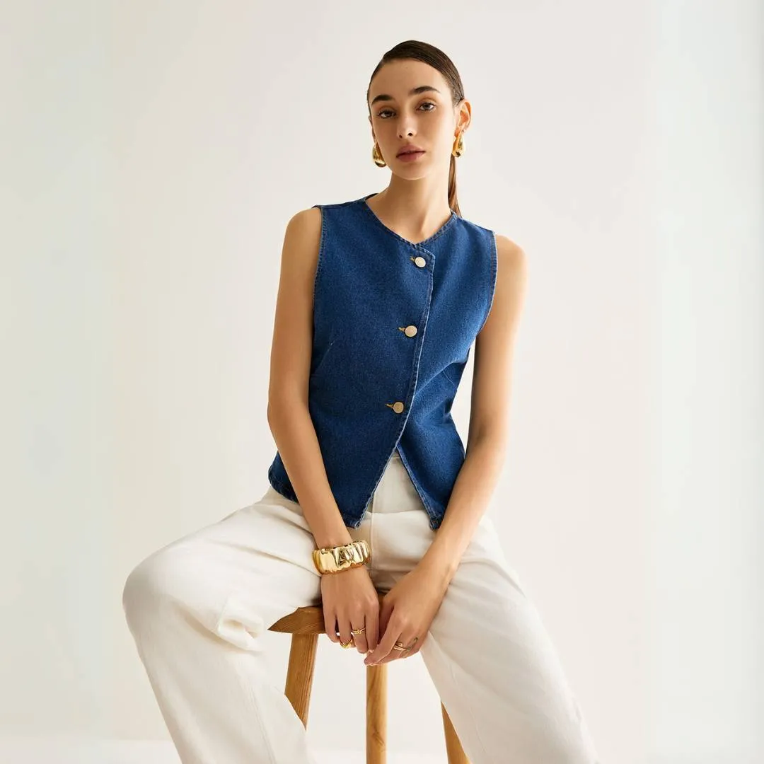 Agnes™ | Asymmetrical Button Denim Vest