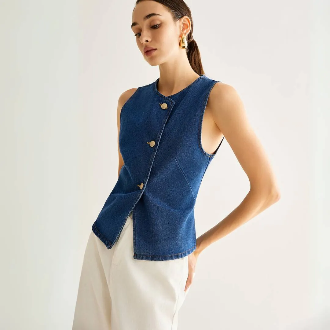 Agnes™ | Asymmetrical Button Denim Vest