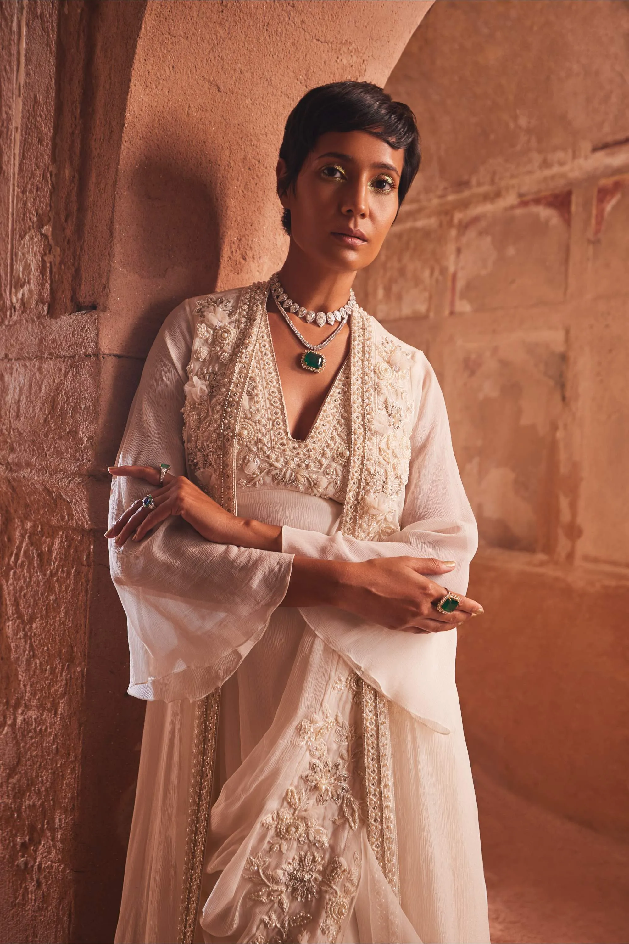 Aina Ivory Embroidered Jacket And Jumpsuit With Drape