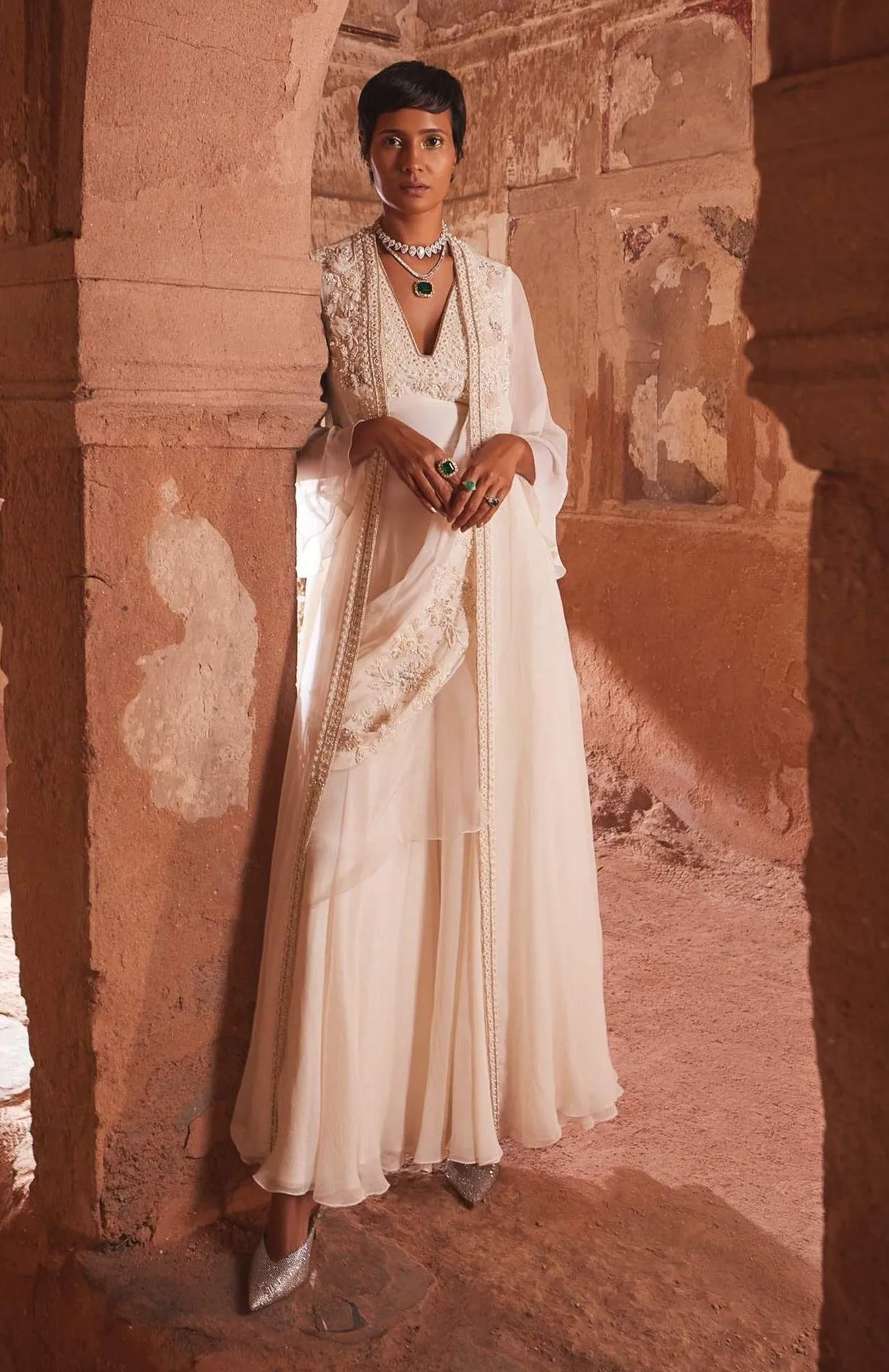 Aina Ivory Embroidered Jacket And Jumpsuit With Drape