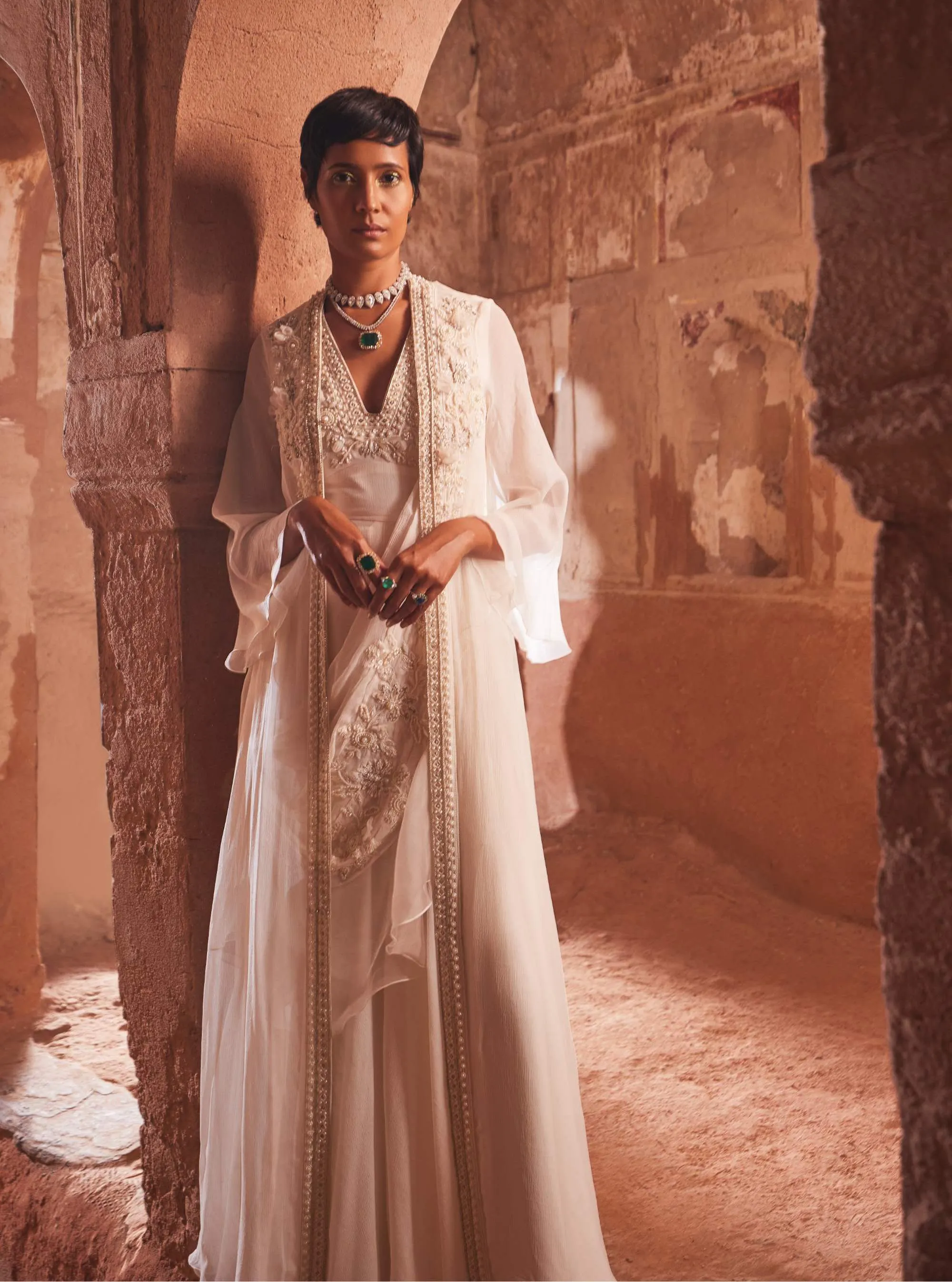 Aina Ivory Embroidered Jacket And Jumpsuit With Drape