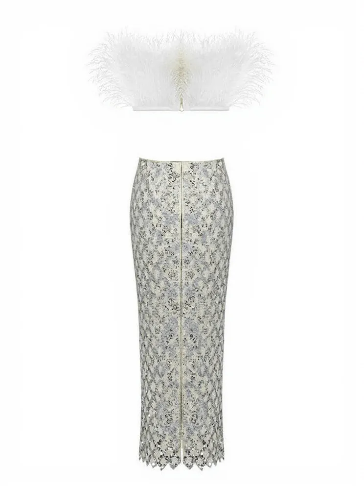 Ansley Strapless Feather Mesh Skirt Set In White