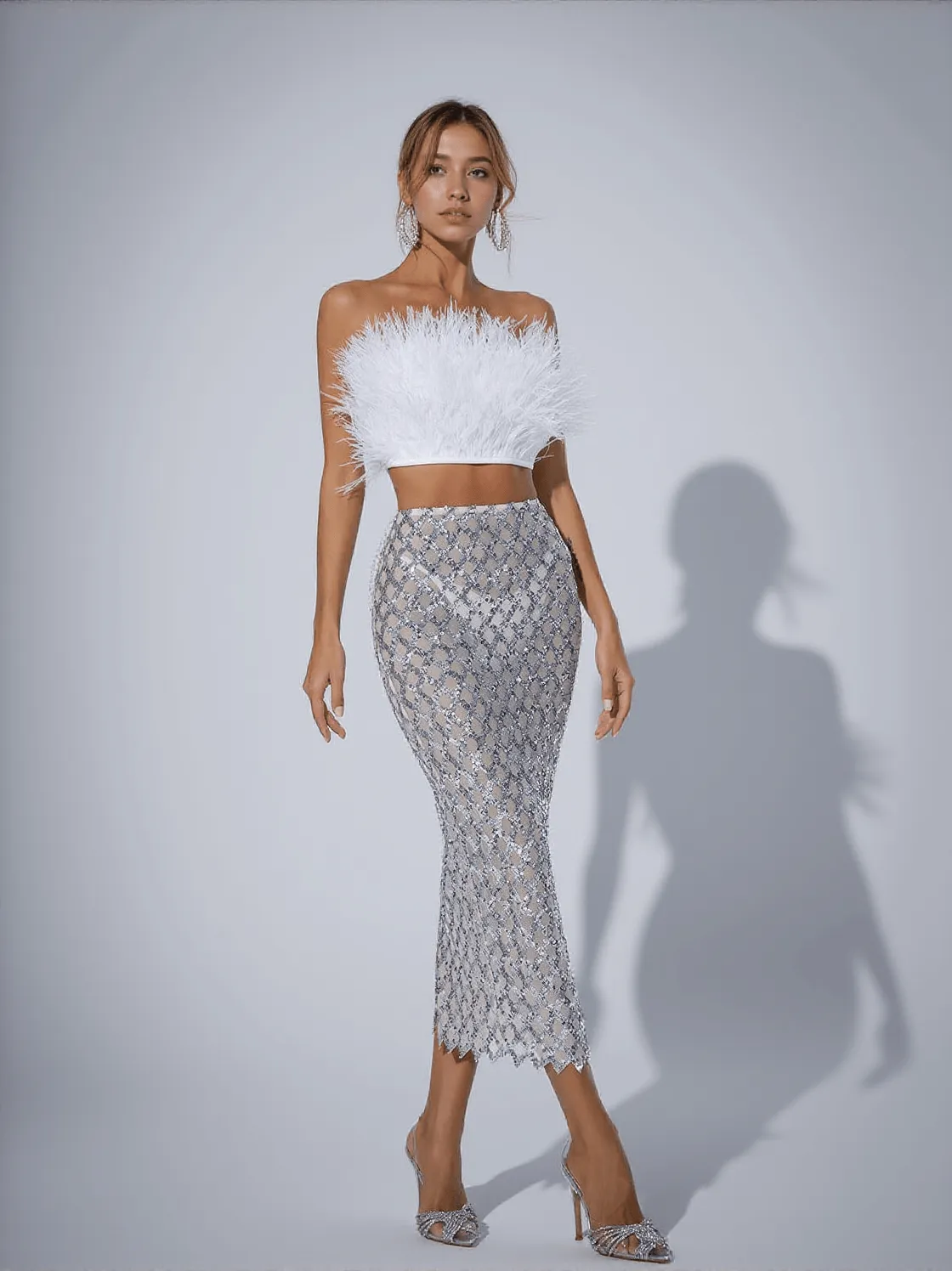 Ansley Strapless Feather Mesh Skirt Set In White