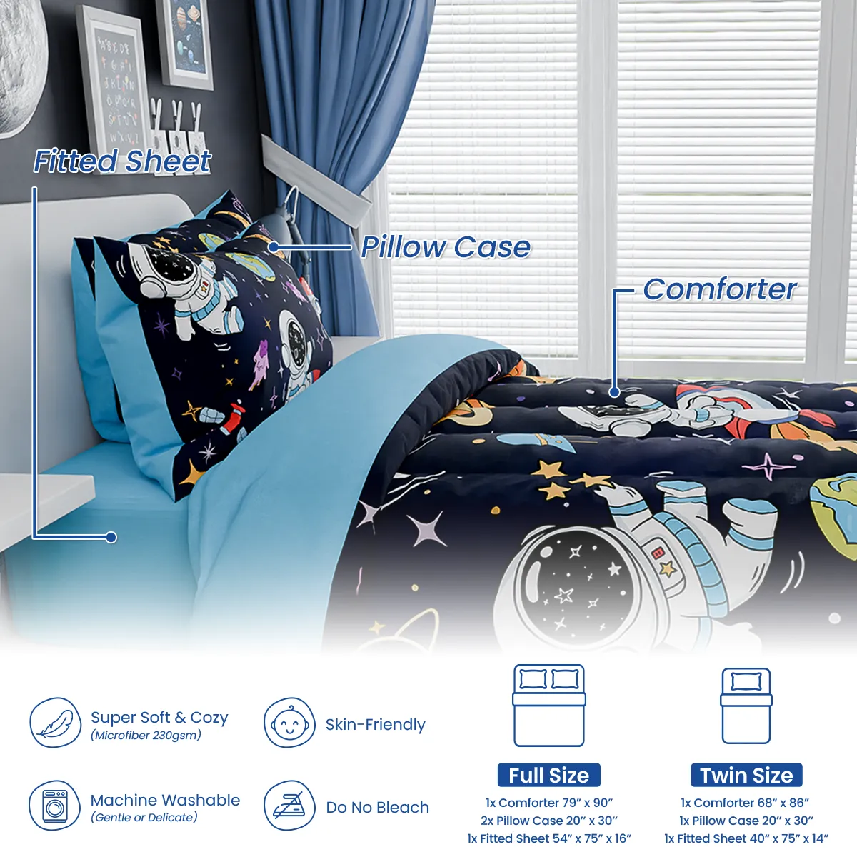 Astronaut Bedding Sets for Boys, Ultra Soft Microfiber Comforter Set with 3-Pieces, Comforters Sets for Kids Children Boy Bedroom Decor