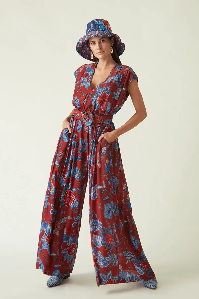 Bali red printed jumpsuit with belt
